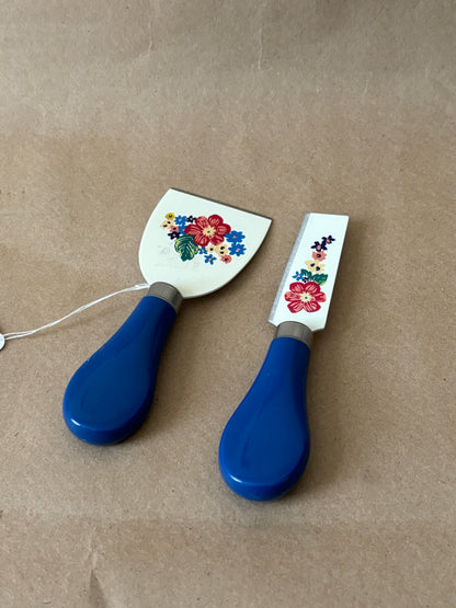 Floral Cheese Spreaders with Cobalt Handles, Pair