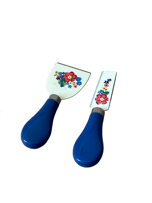 Floral Cheese Spreaders with Cobalt Handles, Pair