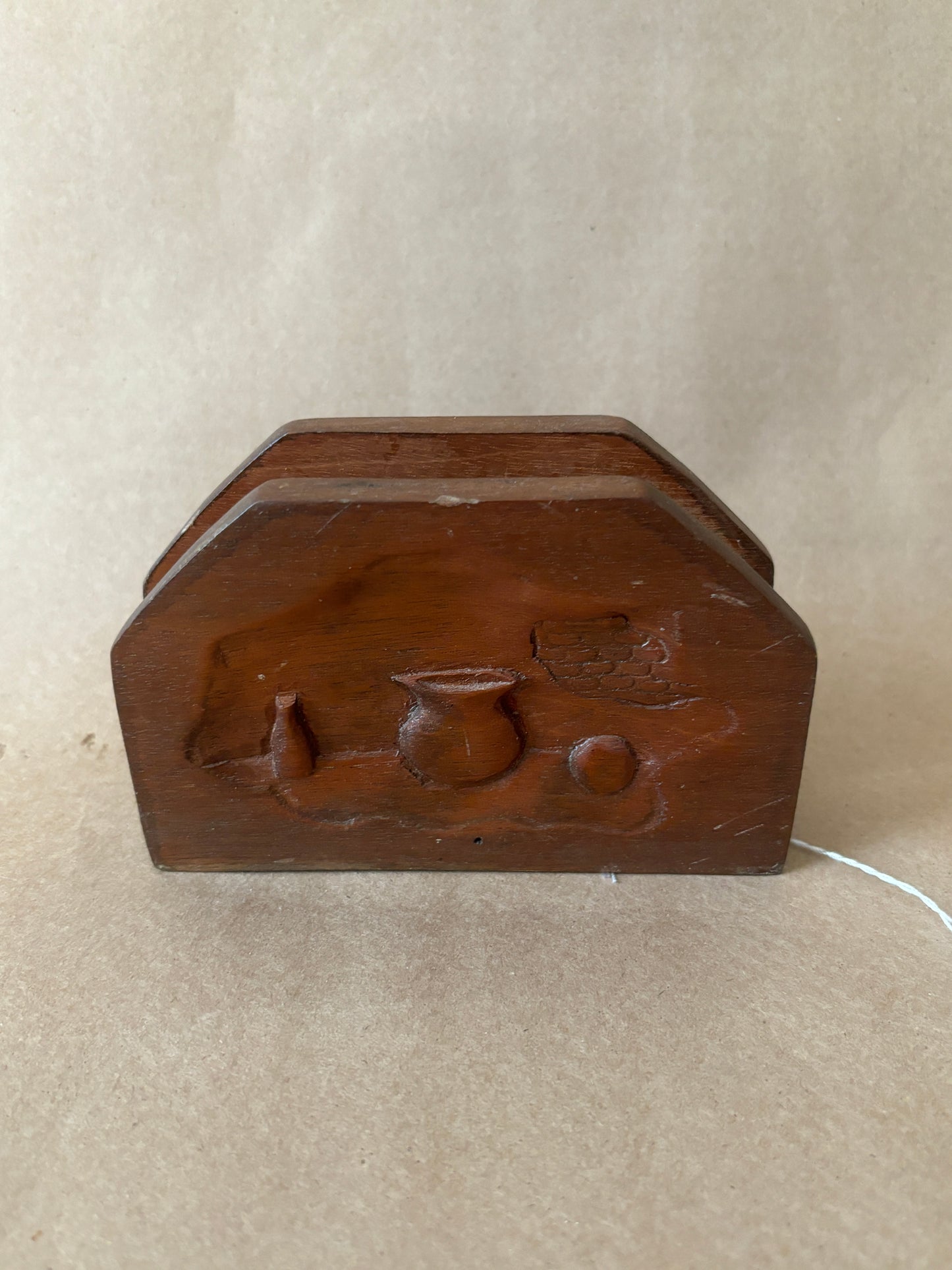 Carved Wood Napkin Holder, Still Life Relief