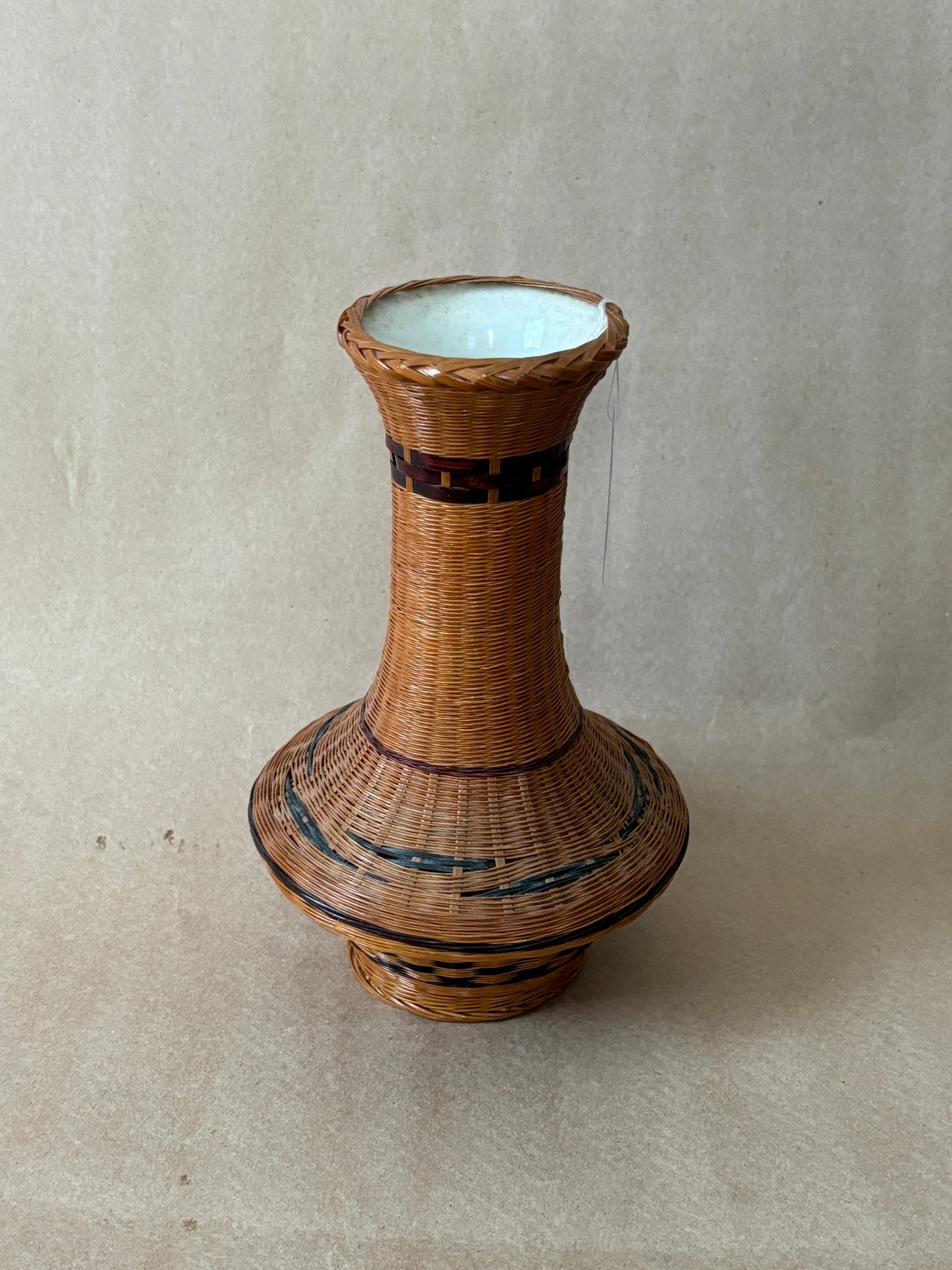Woven Rattan-Wrapped Vase with Porcelain Liner