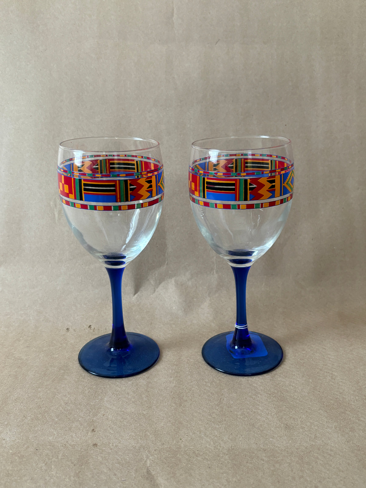 Kente-Pattern Wine Glasses with Cobalt Stems, Pair