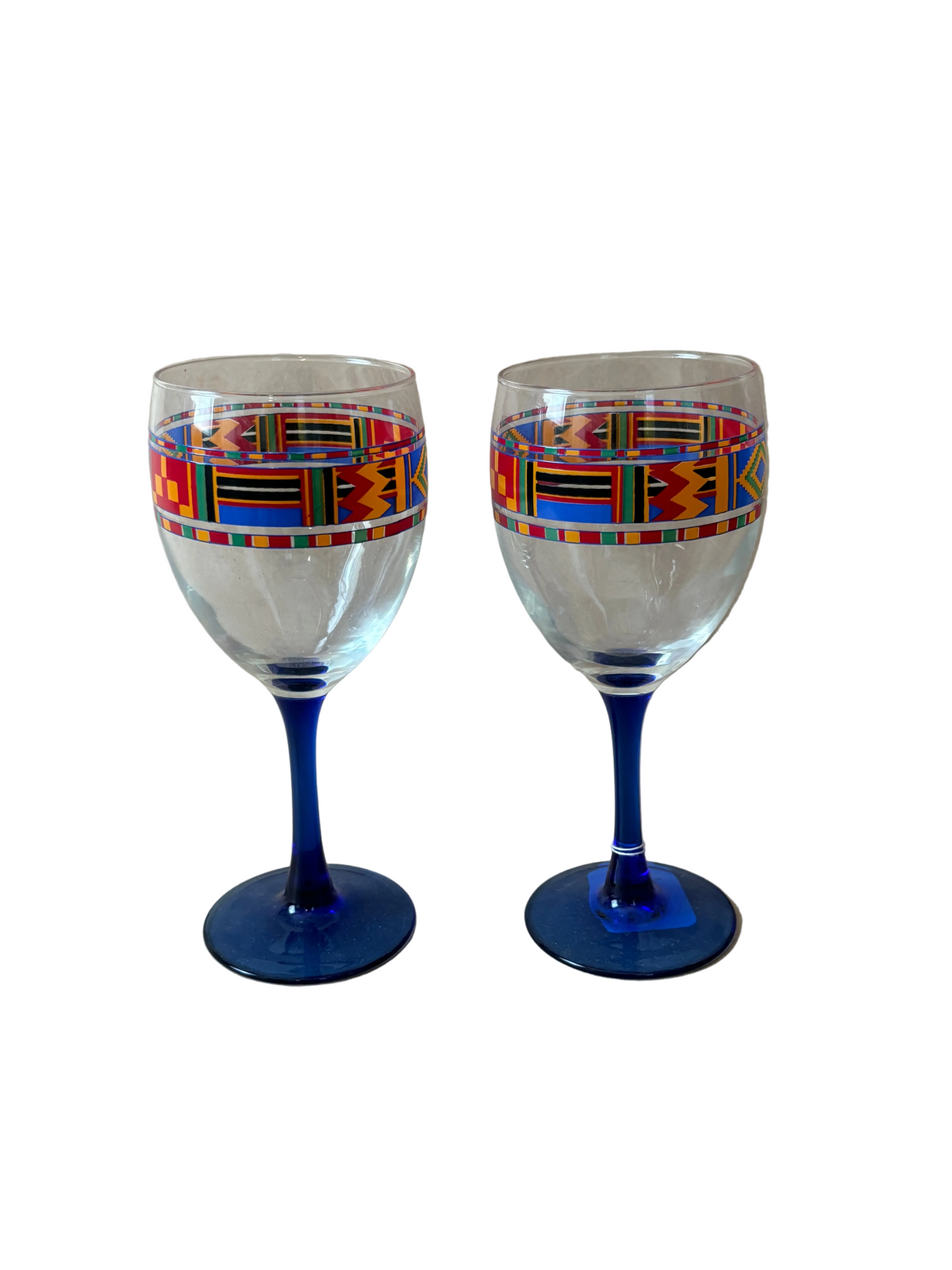 Kente-Pattern Wine Glasses with Cobalt Stems, Pair