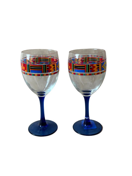 Kente-Pattern Wine Glasses with Cobalt Stems, Pair