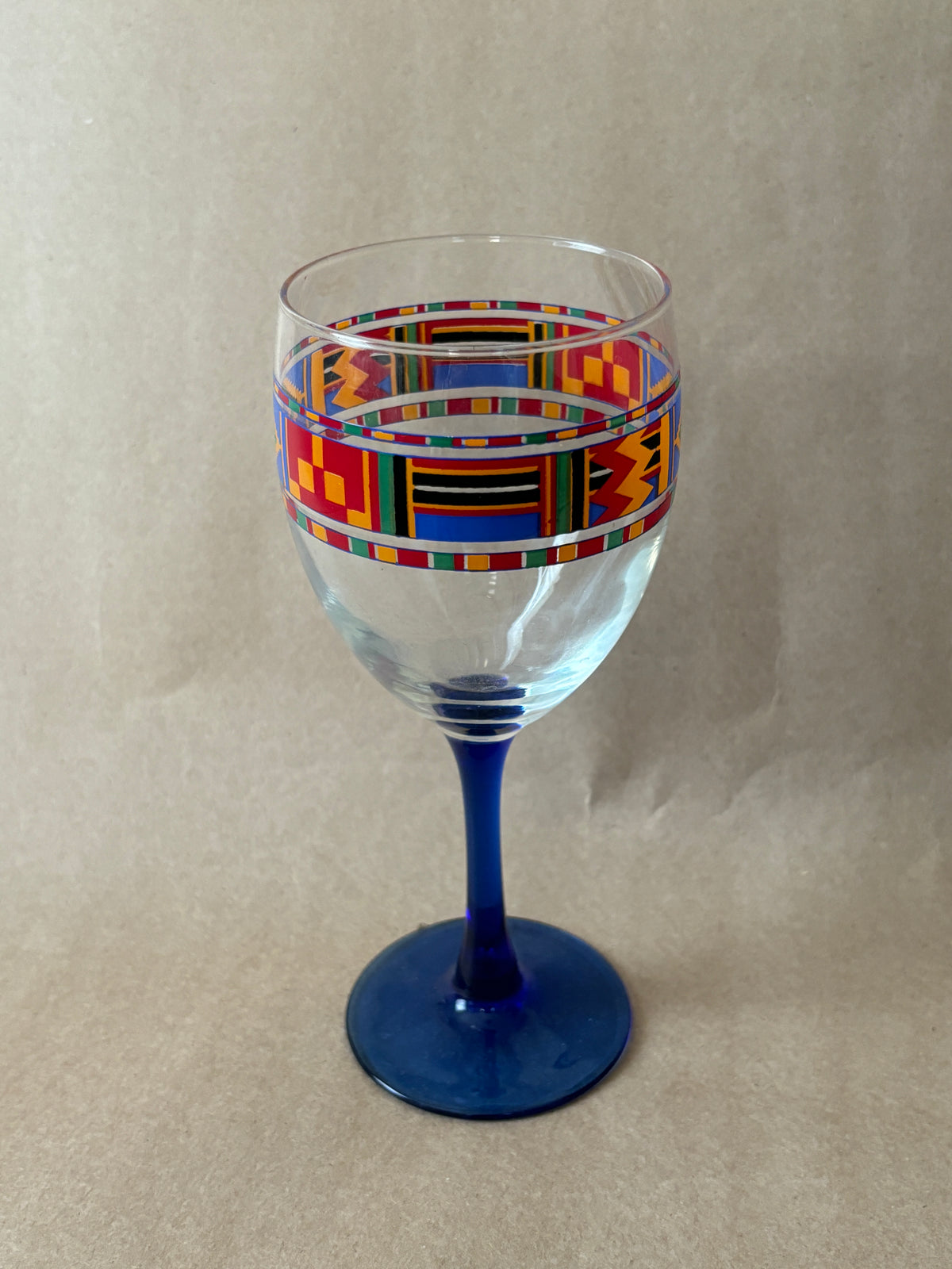 Kente-Pattern Wine Glasses with Cobalt Stems, Pair