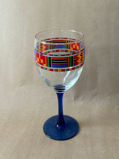 Kente-Pattern Wine Glasses with Cobalt Stems, Pair
