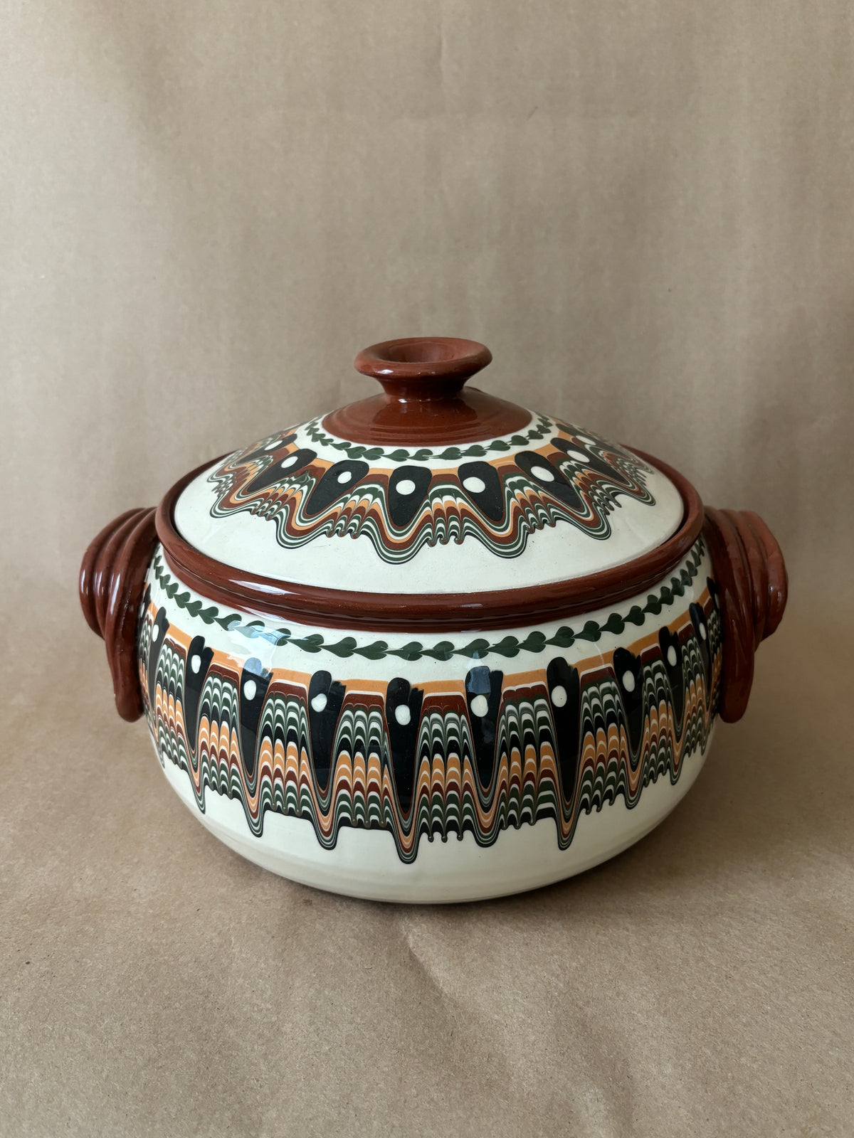Bulgarian Redware Lidded Casserole, Peacock Pattern