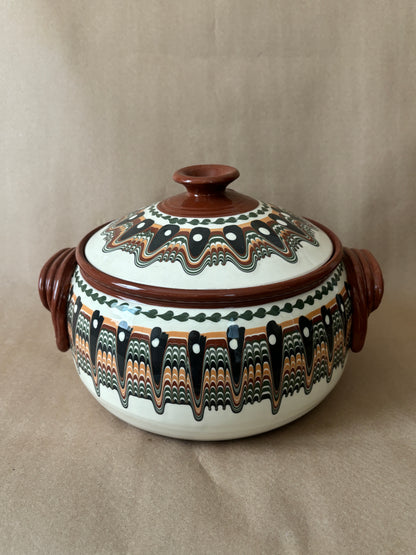 Bulgarian Redware Lidded Casserole, Peacock Pattern