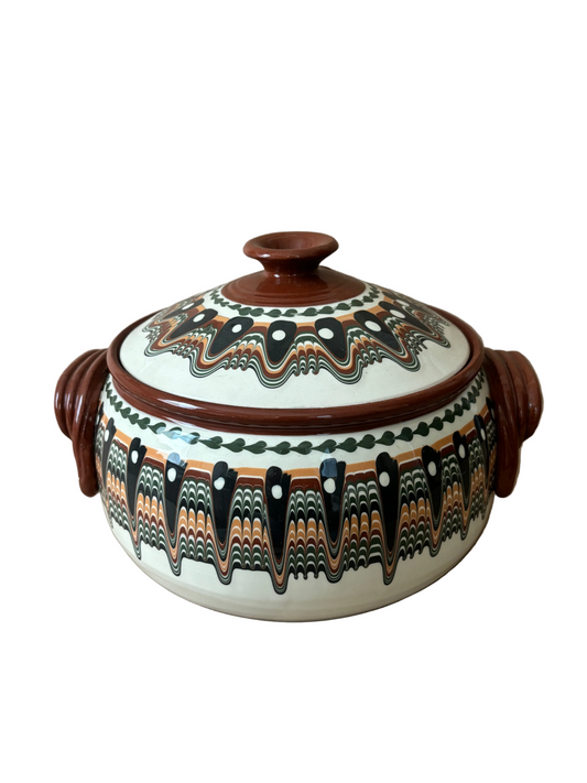 Bulgarian Redware Lidded Casserole, Peacock Pattern