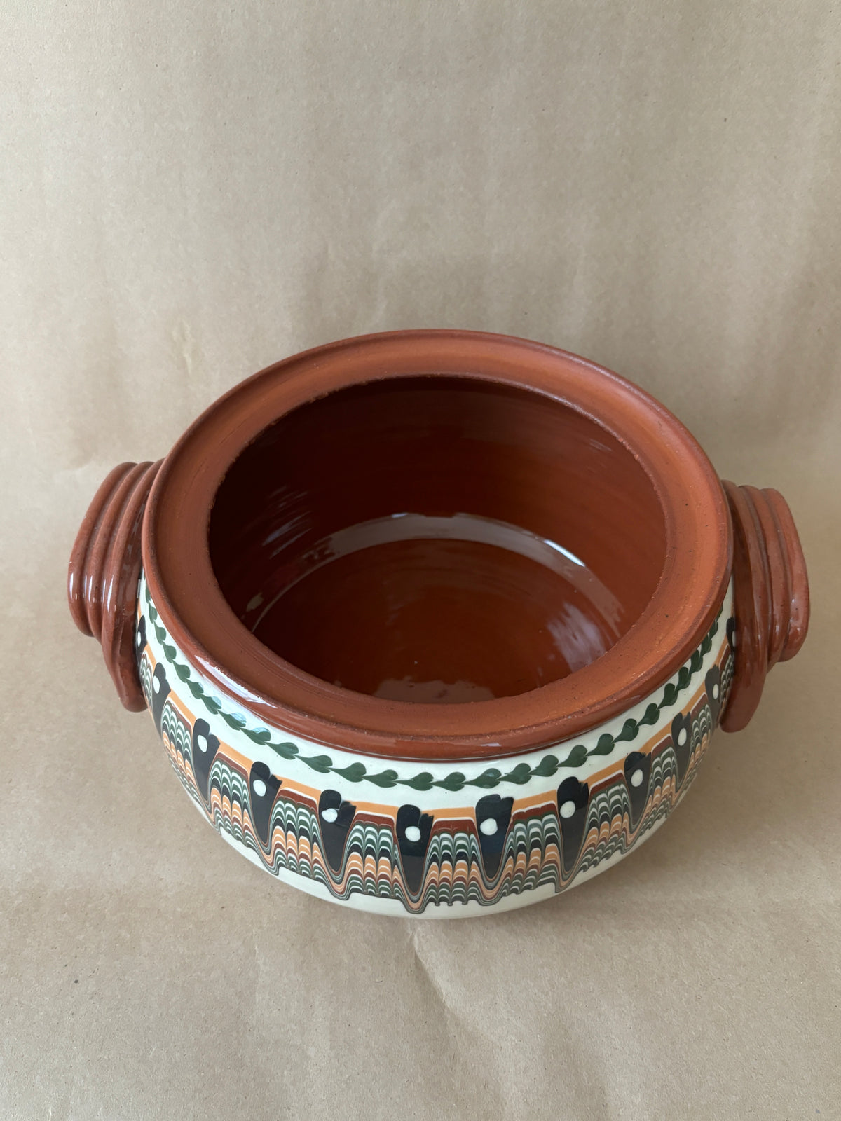 Bulgarian Redware Lidded Casserole, Peacock Pattern