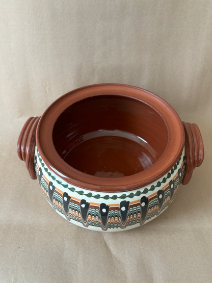 Bulgarian Redware Lidded Casserole, Peacock Pattern