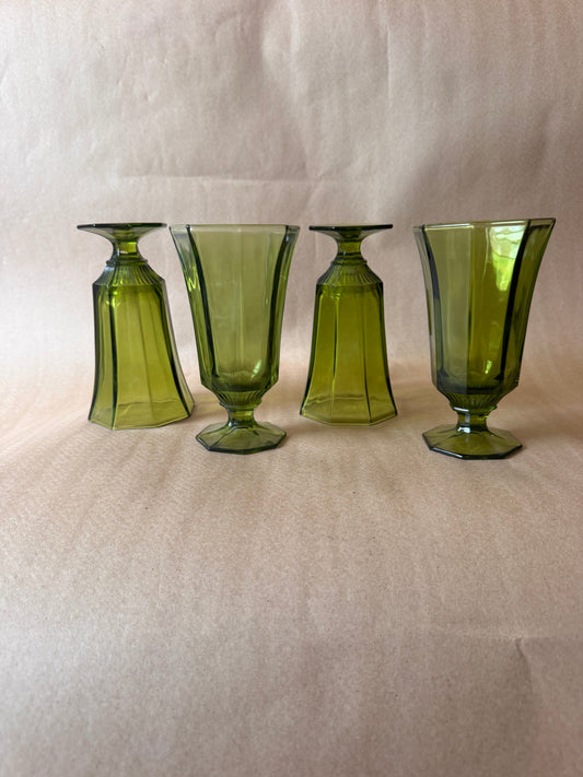 Four avocado green paneled pressed glass goblets