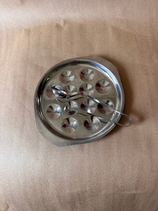 Vintage French stainless steel escargot plate with twelve wells