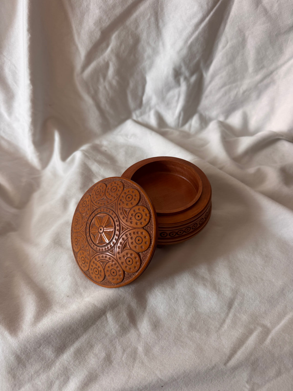 Carved Wooden Box with Rosette Lid