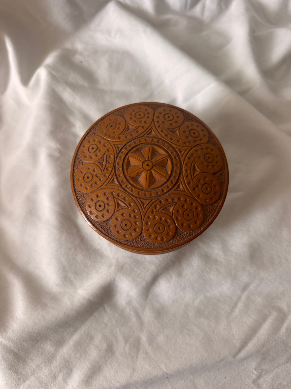 Carved Wooden Box with Rosette Lid