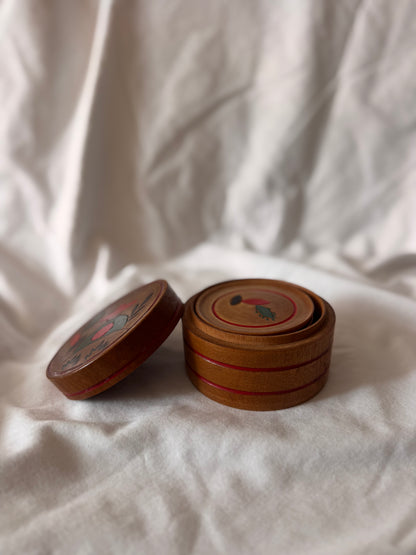 Hand-Painted Japanses Wooden Coasters in Lidded Box, Set of Eight