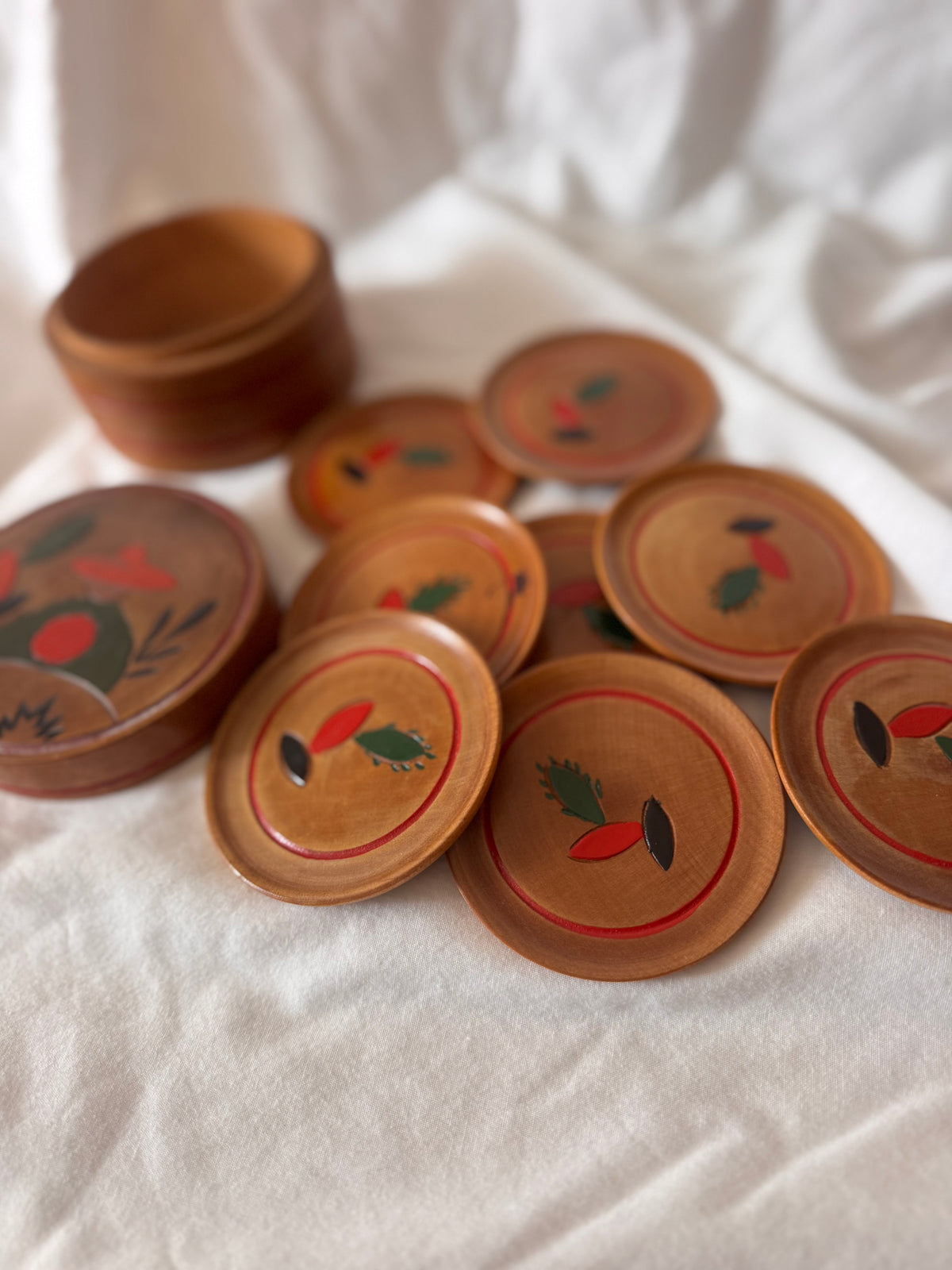 Hand-Painted Japanses Wooden Coasters in Lidded Box, Set of Eight