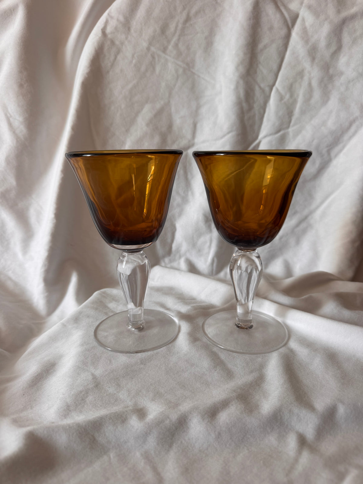 Amber Goblets with Clear Stems, Pair