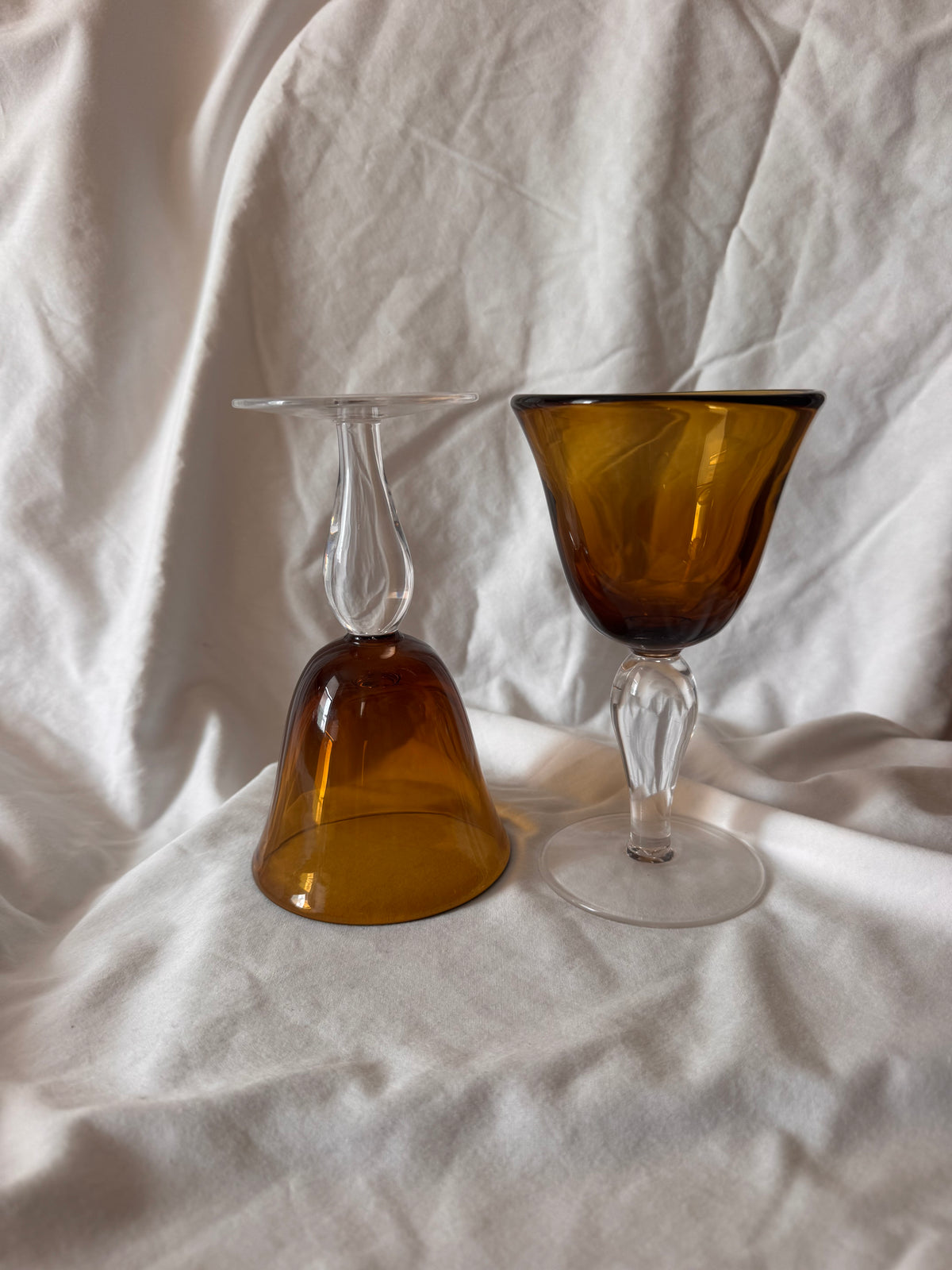 Amber Goblets with Clear Stems, Pair
