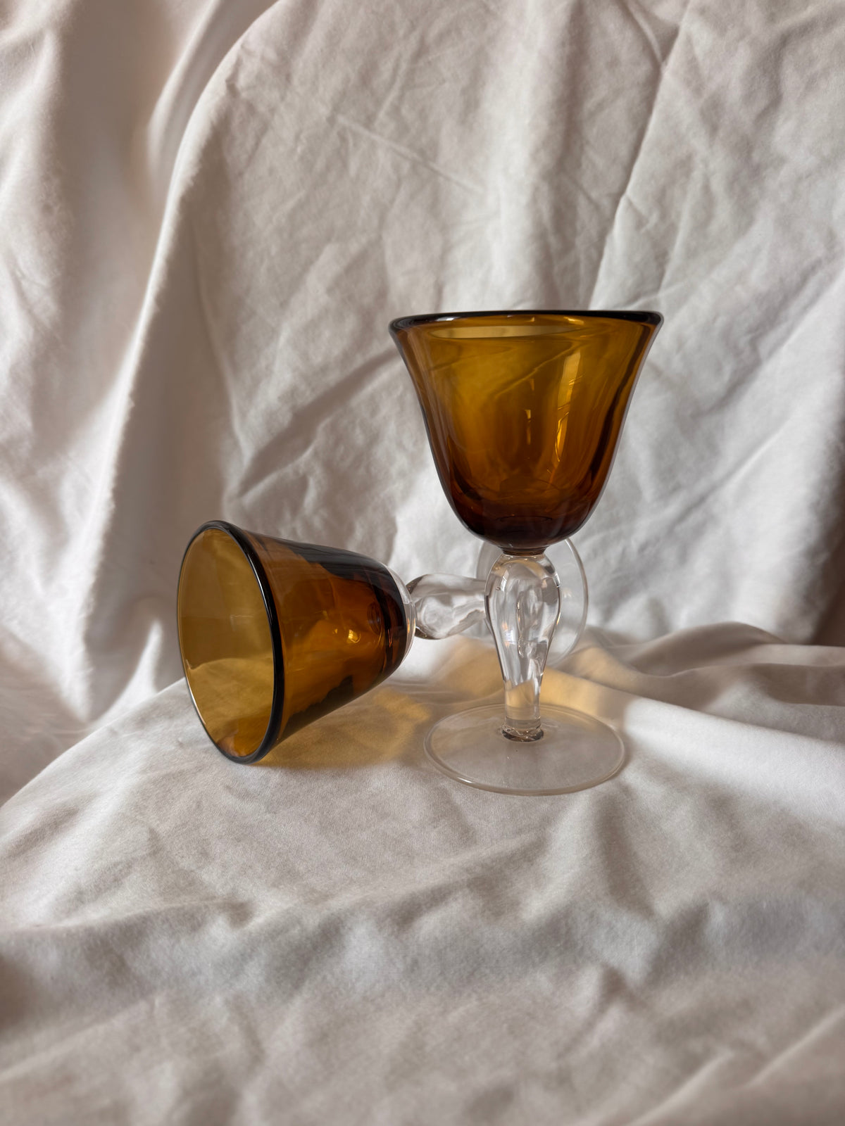 Amber Goblets with Clear Stems, Pair
