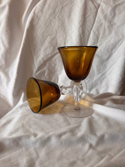 Amber Goblets with Clear Stems, Pair