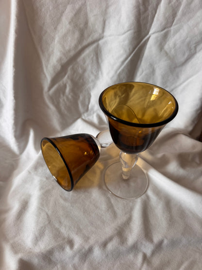 Amber Goblets with Clear Stems, Pair