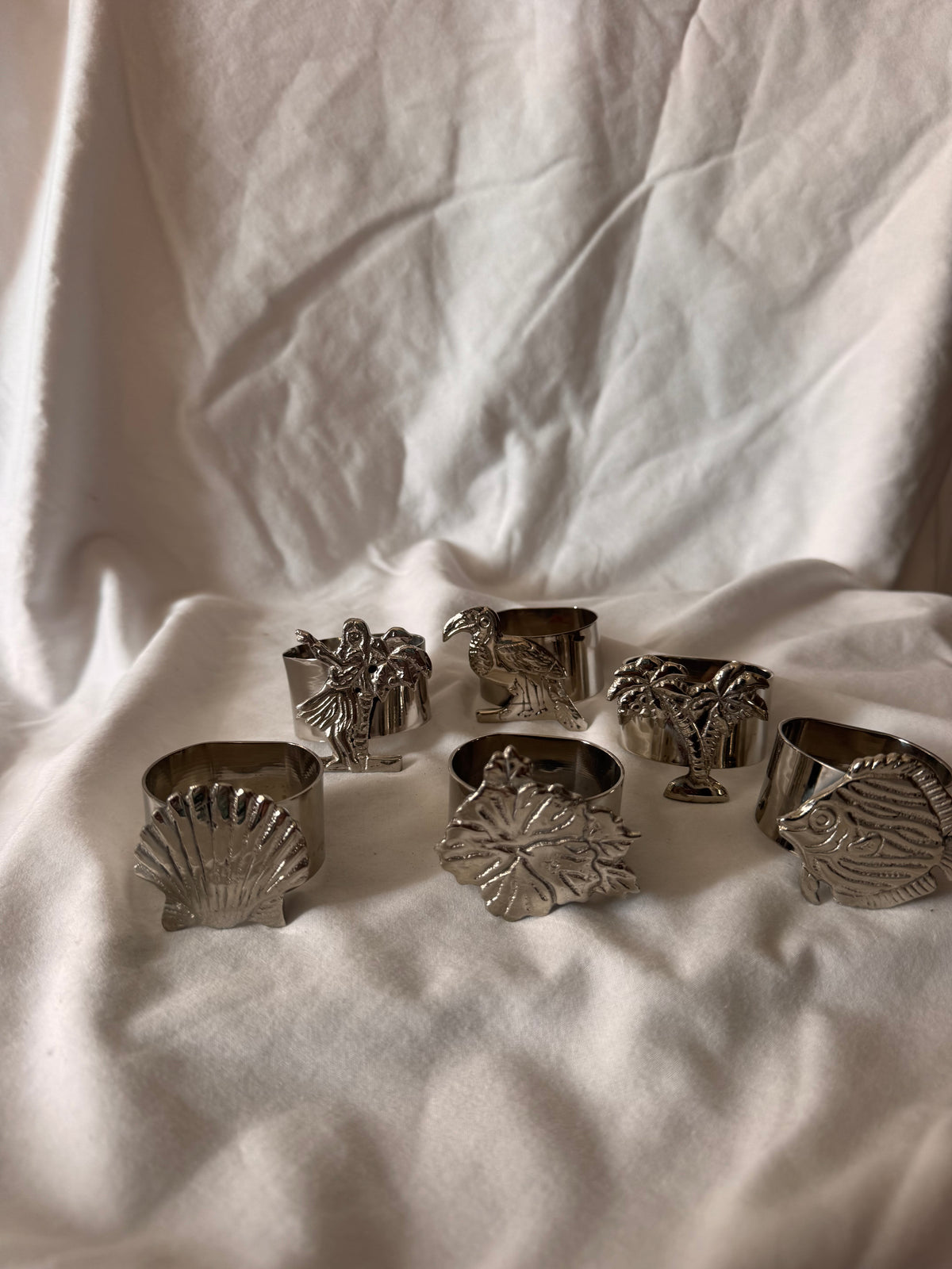 Tropical Silver-Tone Napkin Rings, Set of Six
