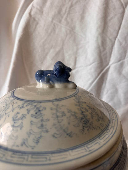 Chinese Chinoiserie Blue and White Lidded Jar with Foo Dog Finial