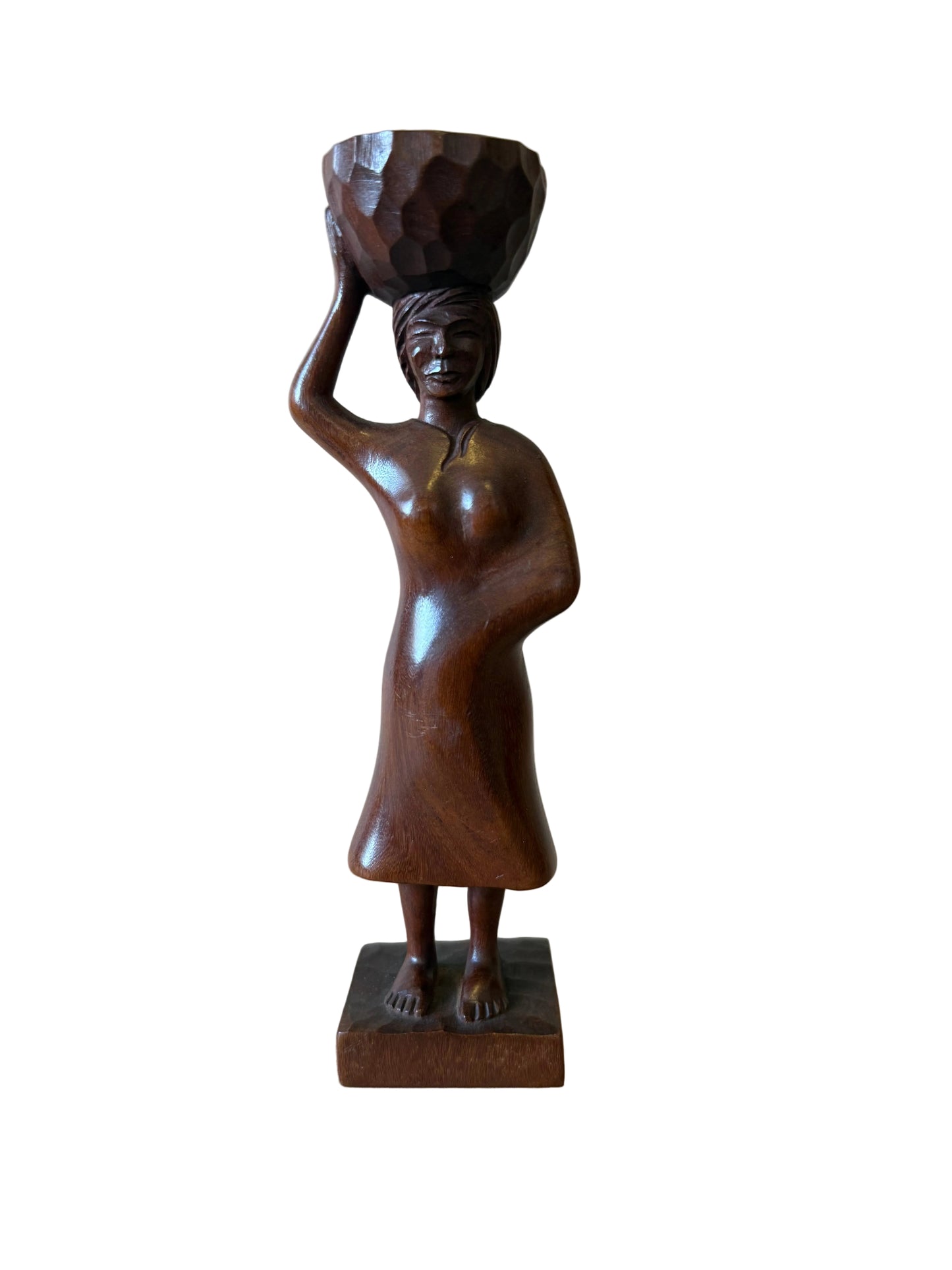 Carved Wood Figure, Woman Carrying Bowl — Artes Primavera, Paraguay