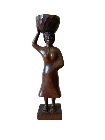 Carved Wood Figure, Woman Carrying Bowl — Artes Primavera, Paraguay
