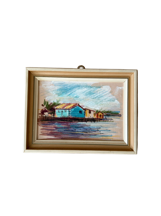Framed Waterfront Cottages Sketch, Ink and Watercolor