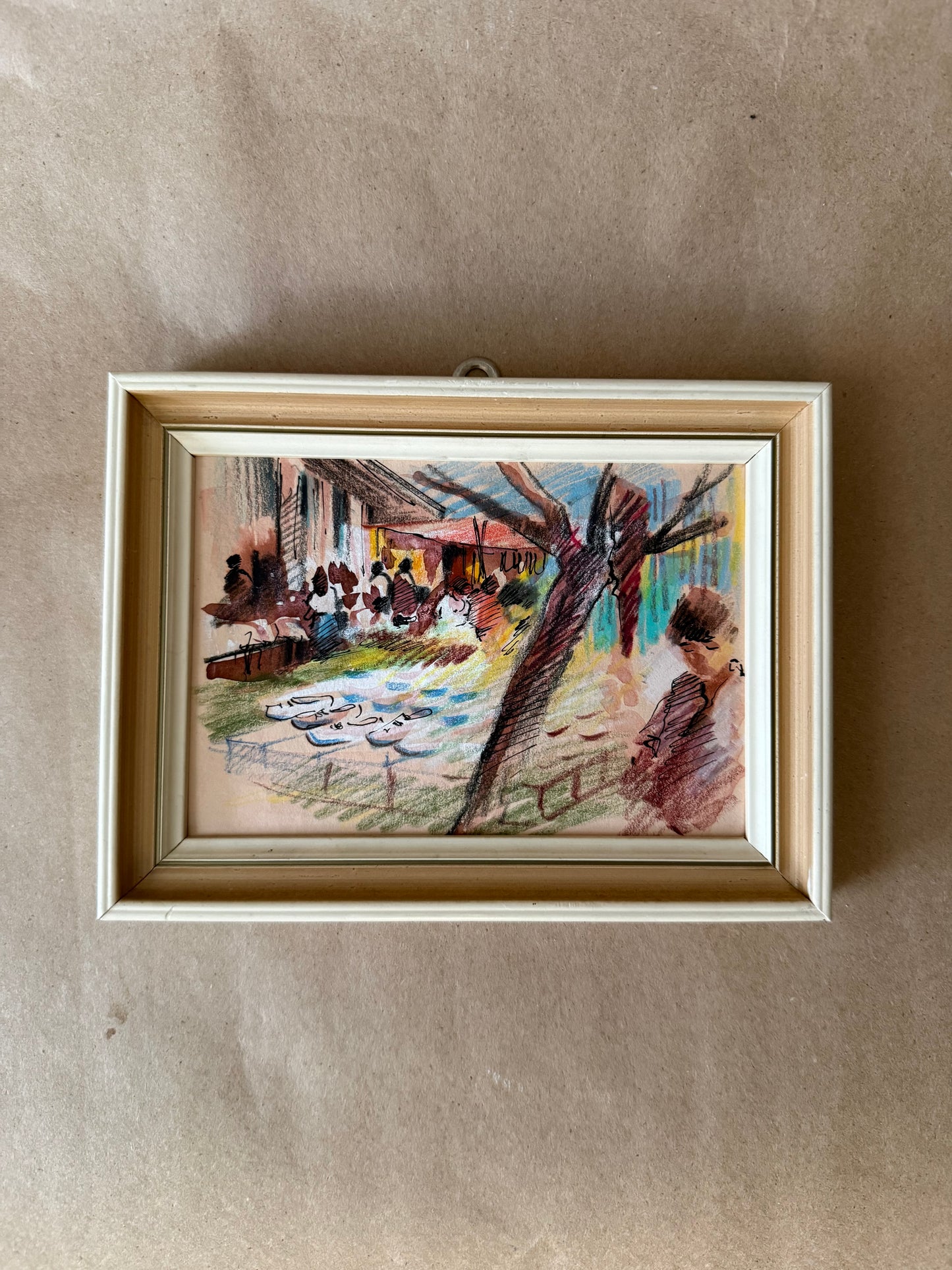 Framed Market Scene Sketch, Ink and Watercolor