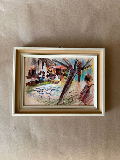 Framed Market Scene Sketch, Ink and Watercolor