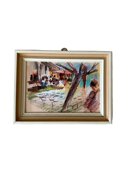 Framed Market Scene Sketch, Ink and Watercolor