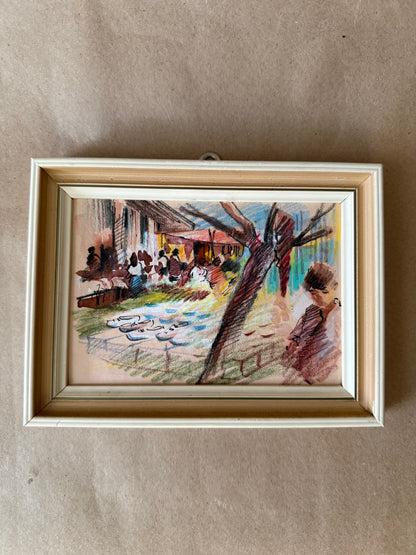Framed Market Scene Sketch, Ink and Watercolor
