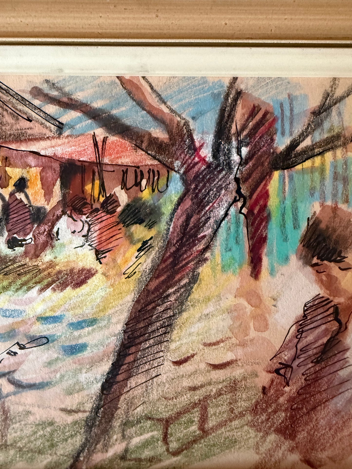 Framed Market Scene Sketch, Ink and Watercolor