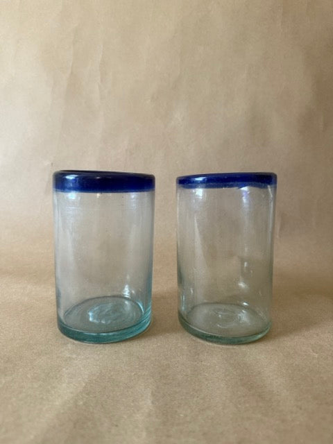 Cobalt-Rim Blown Glass Tumblers, Pair
