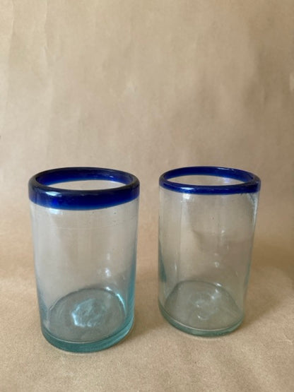 Cobalt-Rim Blown Glass Tumblers, Pair