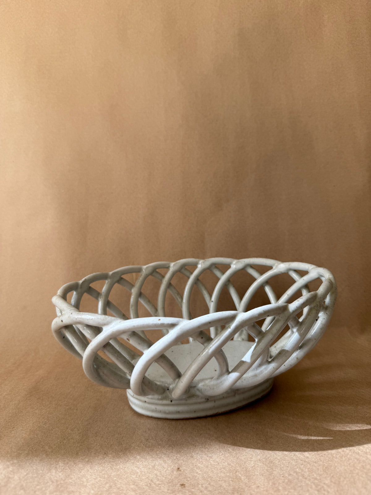 Openwork Stoneware Basket Bowl, Signed