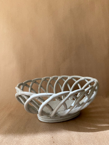 Openwork Stoneware Basket Bowl, Signed