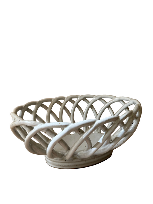 Openwork Stoneware Basket Bowl, Signed