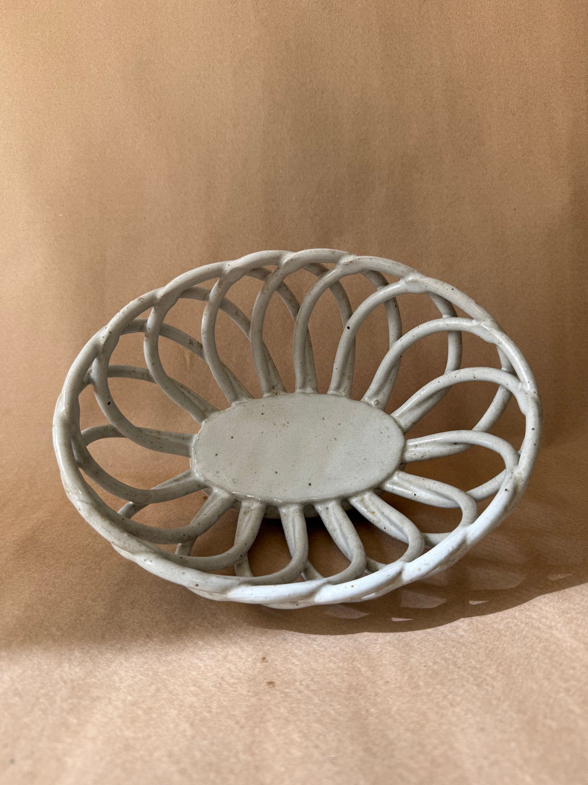 Openwork Stoneware Basket Bowl, Signed