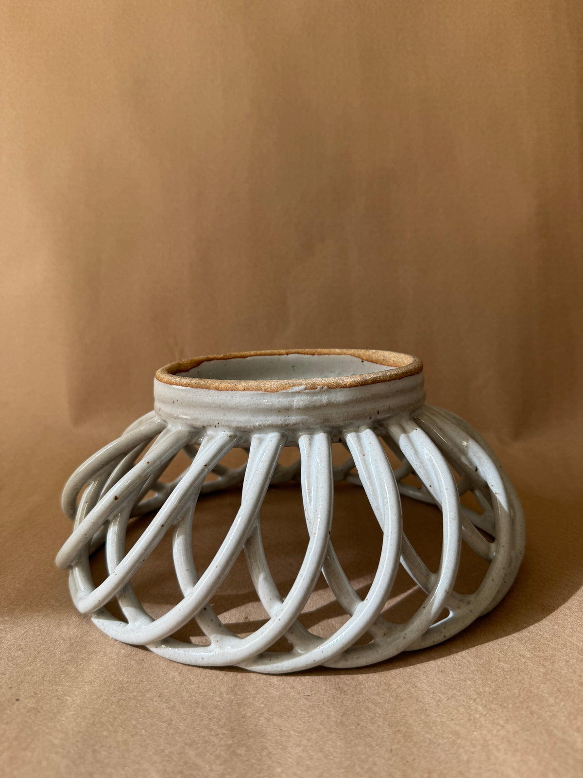 Openwork Stoneware Basket Bowl, Signed
