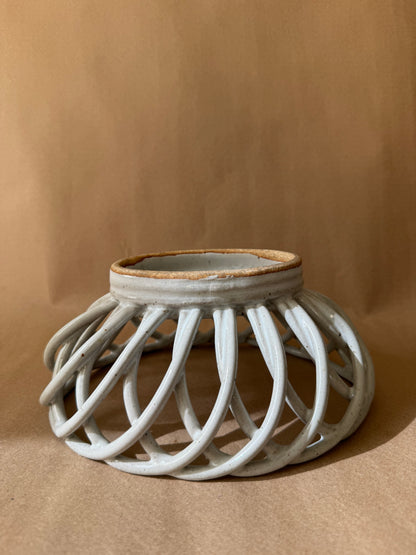 Openwork Stoneware Basket Bowl, Signed