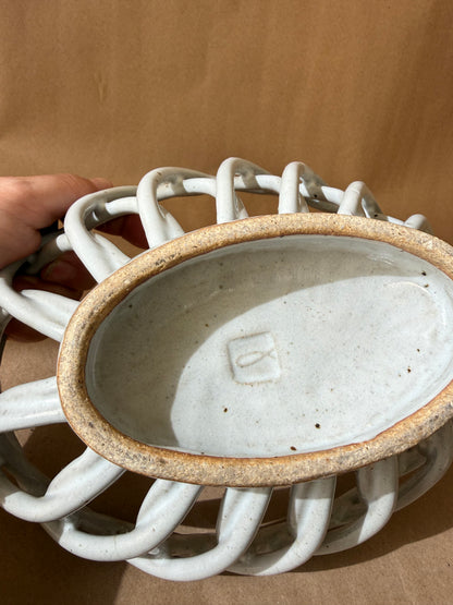 Openwork Stoneware Basket Bowl, Signed
