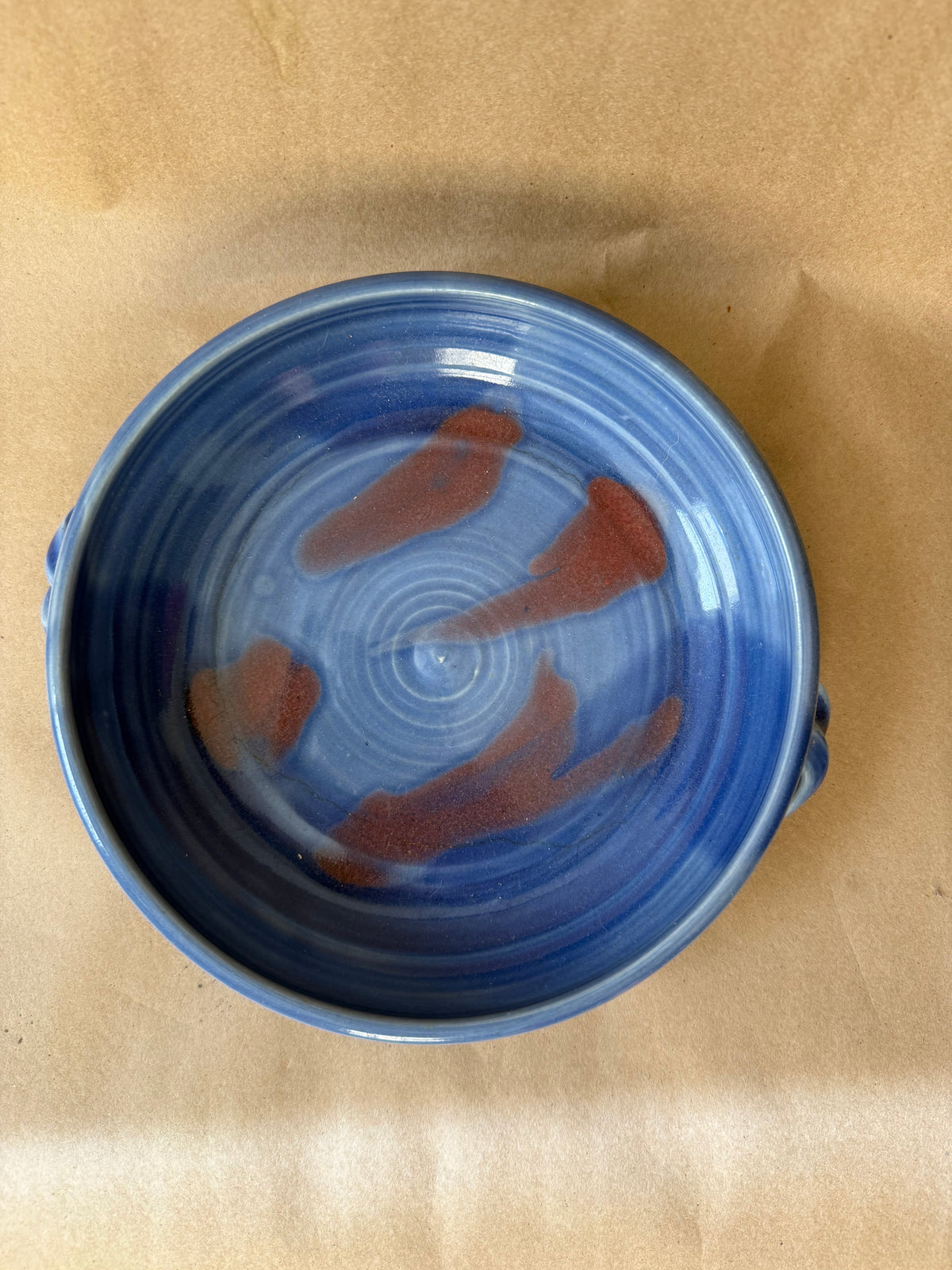 Blue Studio Pottery Baker with Twisted Handles