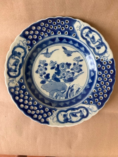 Blue &amp; White Reticulated Plate, Birds and Blossoms