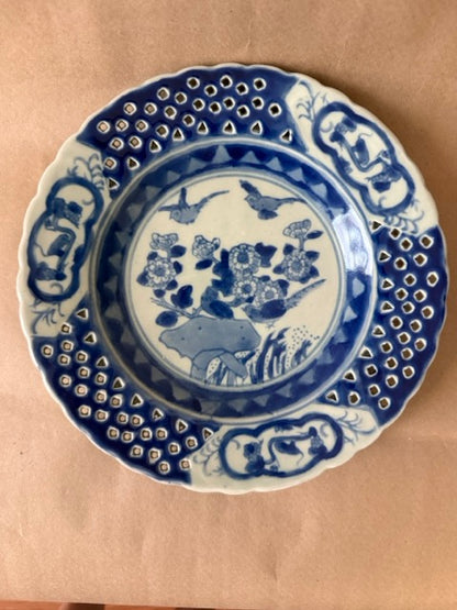 Blue &amp; White Reticulated Plate, Birds and Blossoms