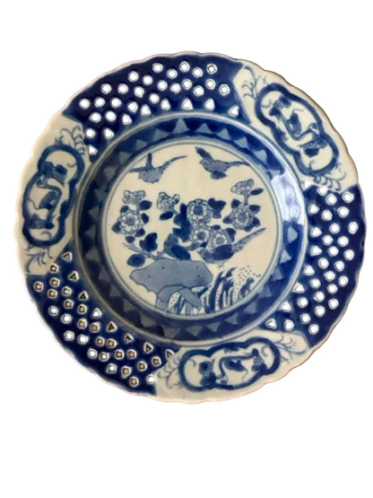 Blue &amp; White Reticulated Plate, Birds and Blossoms