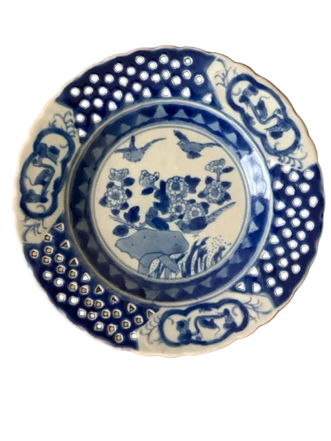 Blue &amp; White Reticulated Plate, Birds and Blossoms