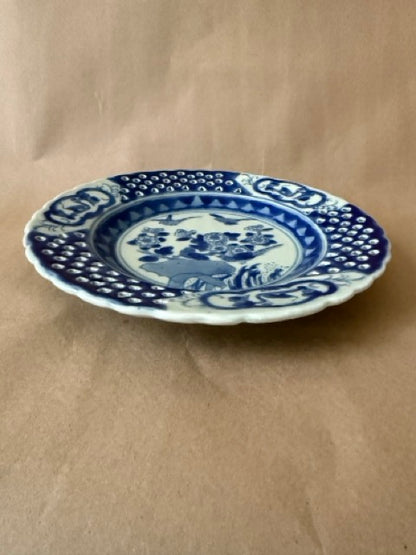 Blue &amp; White Reticulated Plate, Birds and Blossoms